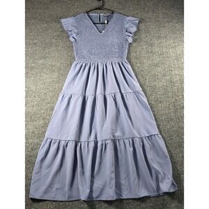 THEENKOLN Womens Smocked Tiered Maxi Dress Blue Flutter Sleeve V-Neck Small NWT